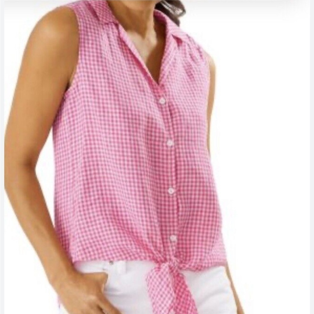 Tommy Bahama | Gingham Way sleeveless linen camp shirt in pink and white Size XS